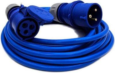 UK Made 32A Plug to 16A Blue CEE Socket Connector. HD 3x4mm2 Hookup Auxiliary Cable 230V IP44 (10 Metres)
