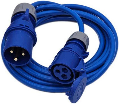 UK Made 32A Plug to 16A Blue CEE Socket Connector. HD 3x4mm2 Hookup Auxiliary Cable 230V IP44 (15 Metres)