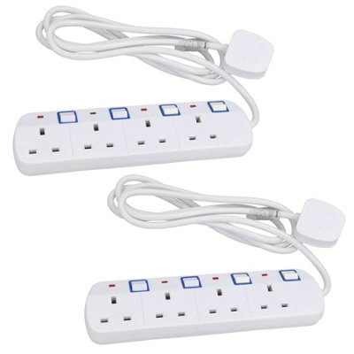 UK Plug 4 Gang Way Socket Extension lead Adaptor Individually Switched Sockets 2pk