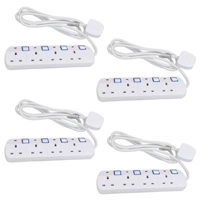 UK Plug 4 Gang Way Socket Extension lead Adaptor Individually Switched Sockets 4pk