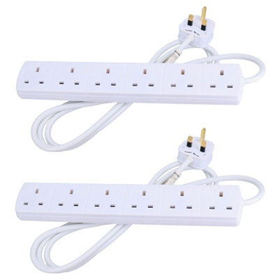 UK Plug 6 Gang Way Socket Extension lead Adaptor Sockets With 2m Cable 2pc