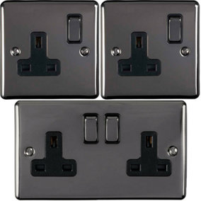 UK Plug Socket Pack -1x Twin & 2x Single Gang- BLACK NICKEL / Black 13A Switched