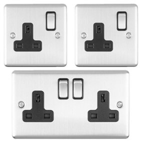 UK Plug Socket Pack -1x Twin & 2x Single Gang- SATIN STEEL / Black 13A Switched