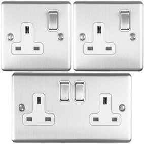 UK Plug Socket Pack -1x Twin & 2x Single Gang- SATIN STEEL / Grey 13A Switched