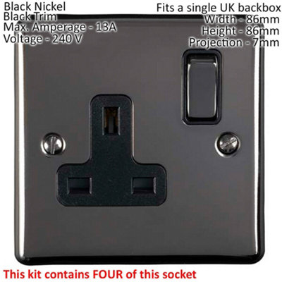 UK Plug Socket Pack -2x Twin & 4x Single Gang- BLACK NICKEL / Black 13A ...