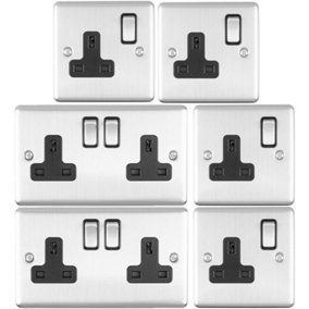 UK Plug Socket Pack -2x Twin & 4x Single Gang- SATIN STEEL / Black 13A Switched