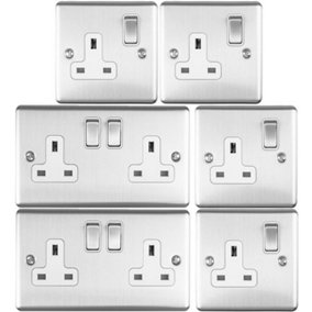 UK Plug Socket Pack -2x Twin & 4x Single Gang- SATIN STEEL / Grey 13A Switched