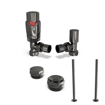 UK Radiators 1/2BSP 15mm Angled Black Nickel Modern Thermostatic ...