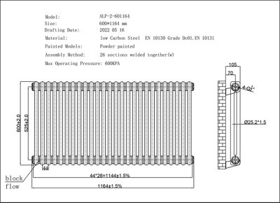 UK Radiators 1200W H600mm x W1164mm Raw Metal Electric 2 Column ...
