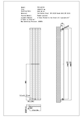 UK Radiators 1802BTU H272mm x W1800mm Black Flat Tube Horizontal ...