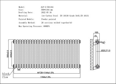 UK Radiators 3368BTU H500mm x W1164mm White 2 Column Horizontal ...