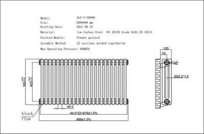 UK Radiators 3631BTU H500mm x W999mm Black 3 Column Horizontal ...