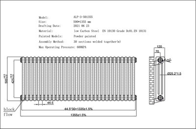 UK Radiators 4924BTU H500mm x W1355mm White 3 Column Horizontal ...