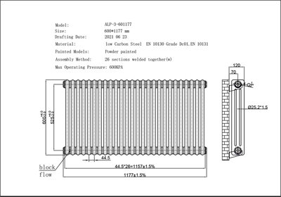 UK Radiators 5053BTU H600mm x W1177mm Black 3 Column Horizontal ...