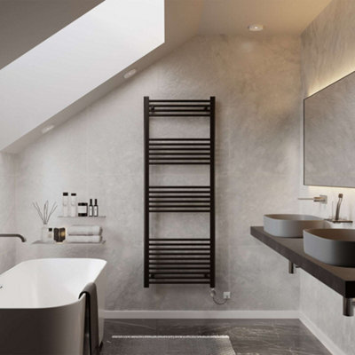 UK Radiators 800W H1600mm x W600mm Black Straight Ladder Thermostatic ...