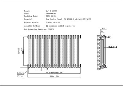 UK Radiators Alpha Triple Column Horizontal Traditional Cast-Iron Style ...