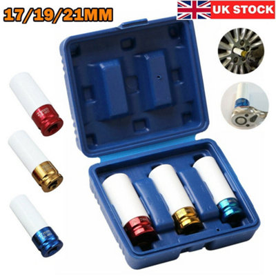UK Stock 3pc Alloy Wheel Nut Thin Wall Deep Impact Socket Set 17 19 ...