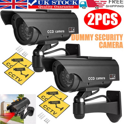 UK Stock Pair of Solar Powered Dummy CCTV Security Cameras with Flashing LED