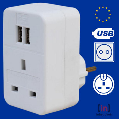 UK to EU Euro Travel Adapter 2 USB European Plug Adaptor with 2 USB Ports Pack of 1