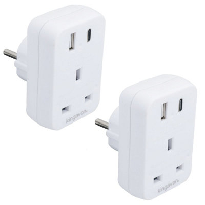 UK To EU Travel Socket Adaptor 2 Pin to 3 Pin Plug + C / USB Charging Ports 2pk