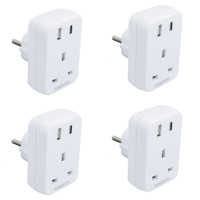 UK To EU Travel Socket Adaptor 2 Pin to 3 Pin Plug + C / USB Charging Ports 4pk