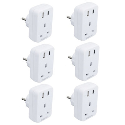 UK To EU Travel Socket Adaptor 2 Pin to 3 Pin Plug + C / USB Charging Ports 6pk