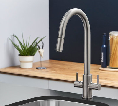 UKB Pull Out C Shaped Spout Tap, Brushed Nickel