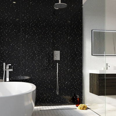 UKBathrooms Essentials Tuscany Bathroom PVC Wall Panel Black Diamond Stone corner kit 1000x1000mm corner shower Price Comparisons | Compare The Build