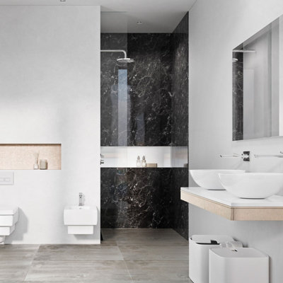 UKBathrooms Essentials Tuscany Bathroom PVC Wall Panel Black Marble corner kit 1000x1000mm corner shower Price Comparisons | Compare The Build
