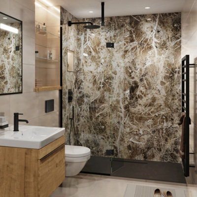 UKBathrooms Essentials Tuscany Bathroom PVC Wall Panel Mocha Onyx corner kit 1000x1000mm corner shower Price Comparisons | Compare The Build