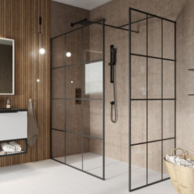 UKHL Avalon 8mm Wet room pack Black Grid 1000mm and 700mm panels, profiles and wall supports in Black, 1500x700mm tray and waste