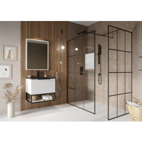 UKHL Avalon 8mm Wet room pack Black Grid 1200mm and 700mm panels, profiles and wall supports in Black, 1700x700mm tray and waste