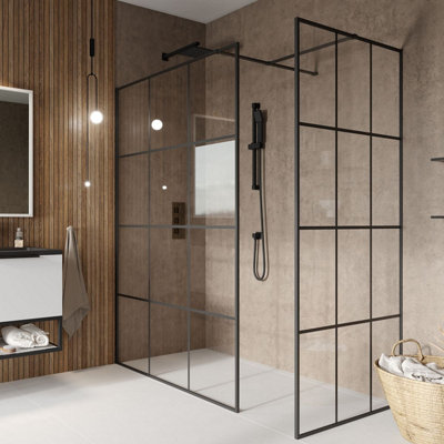 UKHL Avalon 8mm Wet room pack Black Grid 900mm and 800mm panels, profiles and wall supports in Black, 1400x800mm tray and waste Price Comparisons | Compare The Build