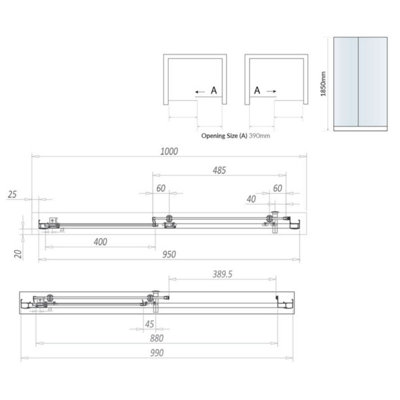 UKHomeLiving Avalon Sliding shower door for corner 1000mm door with 800mm panel Black - inc 1000x800mm shower tray and black waste - 3