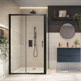UKHomeLiving Avalon Sliding shower door for corner 1000mm door with 900mm panel Black - inc 1000x900mm shower tray and black waste