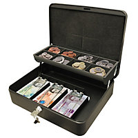 Ultimate Lockable 12" Cash Box - Steel Money Organiser with Note Compartments & 8 Section Coin Tray - H9 x W30 x D24cm, Black
