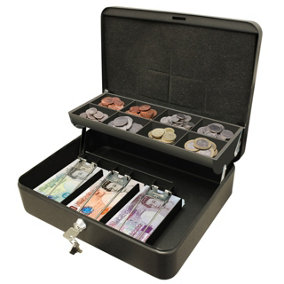 Ultimate Lockable 12" Cash Box - Steel Money Organiser with Note Compartments & 8 Section Coin Tray - H9 x W30 x D24cm, Black