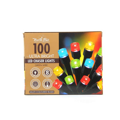 Ultra-Bright 100 LED Chaser Fairy Lights Green Wire - Multicolour