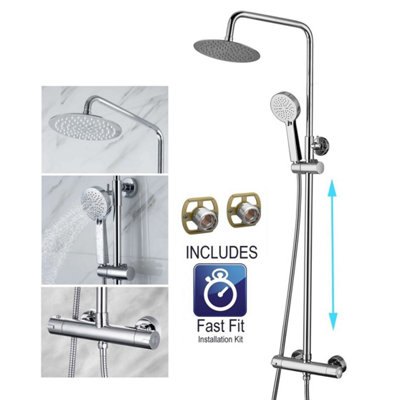 Ultra Thin Round Thermostatic Mixer Shower Dual Control Twin Head + Fast Fit Kit