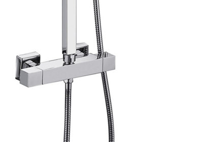 Ultra Thin Square Thermostatic Mixer Shower Dual Control Twin Head +Fast Fit Kit - 9