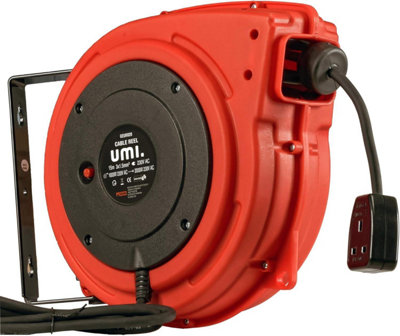 Umi Extension Cable Reel Heavy Duty Retractable 15m x 1.5mm H05VV-F UK Plug 230V AC 8.6A 1000W Wound 2000W Unwound Indoor Professi