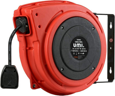 Umi Extension Cable Reel Heavy Duty Retractable 15m x 1.5mm H05VV-F UK Plug  230V AC 8.6A 1000W Wound 2000W Unwound Indoor Professi