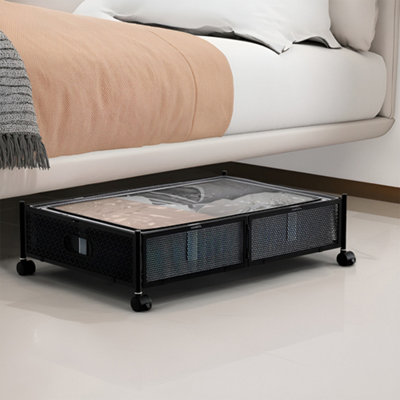 Under Bed Storage Carbon Steel Storage Organizer Basket with Wheels in Black