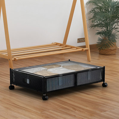 Under Bed Storage Carbon Steel Storage Organizer Basket with Wheels in Black