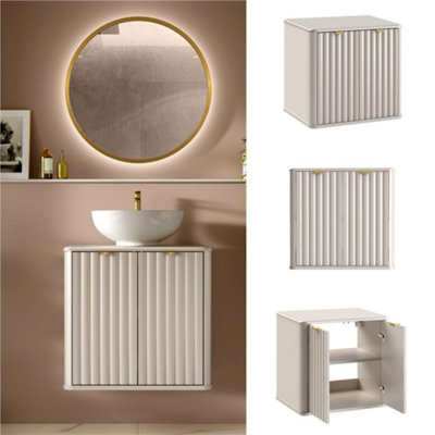 Under Sink Bathroom Cabinet Beige Vanity Unit 600mm Worktop Fluted Ribbed Oren