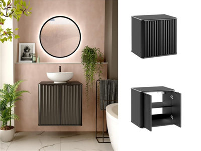 Under Sink Bathroom Cabinet Black Vanity Unit with 600mm Countertop Fluted Ribbed Doors Nero