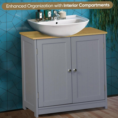 Under Sink Bathroom Cabinet - Grey with Bamboo Top