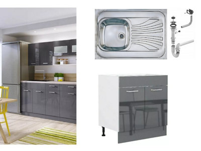 Under Sink Cabinet 800mm Complete Grey Gloss Kitchen Sink Unit with Single Bowl Steel Sink Luxe