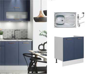Under Sink Kitchen Cabinet 800mm Unit Cupboard with Single Steel Sink Navy Blue Nora Range
