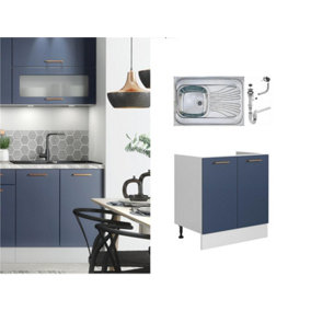 Under Sink Kitchen Cabinet 800mm Unit Cupboard with Single Steel Sink Navy Blue Nora Range